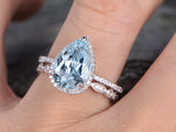 2.7Ct Pear Cut Blue Aquamarine Bridal Set Vintage Band 14K White Gold Finish