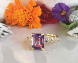 2ct Emerald Cut Purple Amethyst Round Diamond Accent Ring 14k Yellow Gold Finish