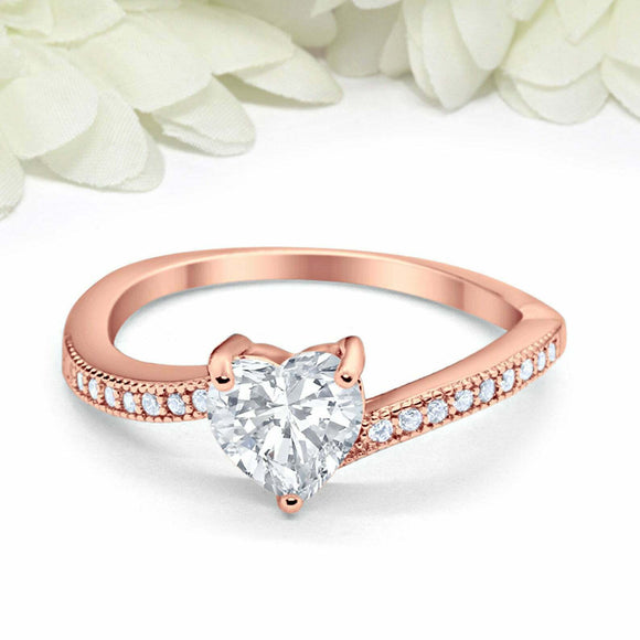 1ct Heart Cut Diamond Engagement Ring Solitaire with Accent 14k Rose Gold Finish