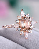 4Ct Oval Cut Peach Morganite Sunburst Halo Engagement Ring 14K Rose Gold Finish