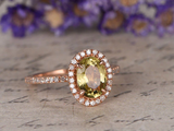 1.7ct Oval Cut Green Peridot Engagement Ring Diamond Halo 14k Rose Gold Finish