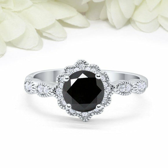 2.5Ct Round Cut Black Diamond Floral Vintage Engagement Ring 14K White Gold Over