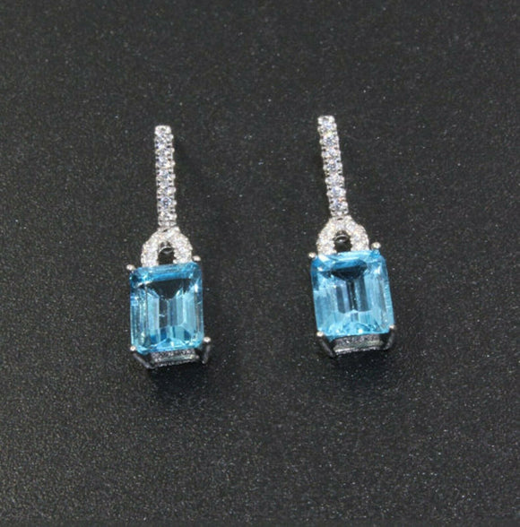 2ct Drop Earrings Emerald Cut Blue Topaz Vertical Bar 14k White Gold Finish