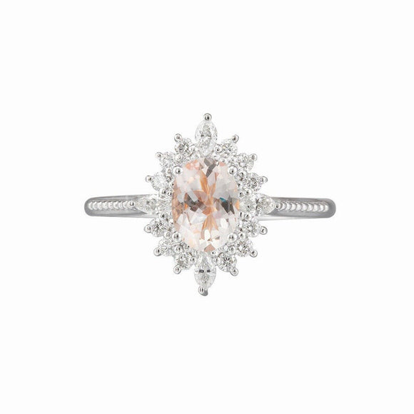 2ct Oval Cut Simulated Peach Morganite Cluster Halo Ring 14k White Gold Plated