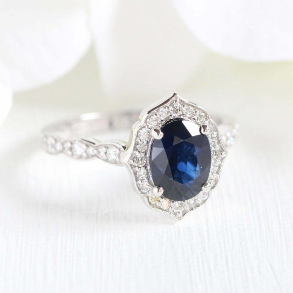 2ct Oval Cut Blue Sapphire Engagement Ring Vintage Floral 14k White Gold Finish