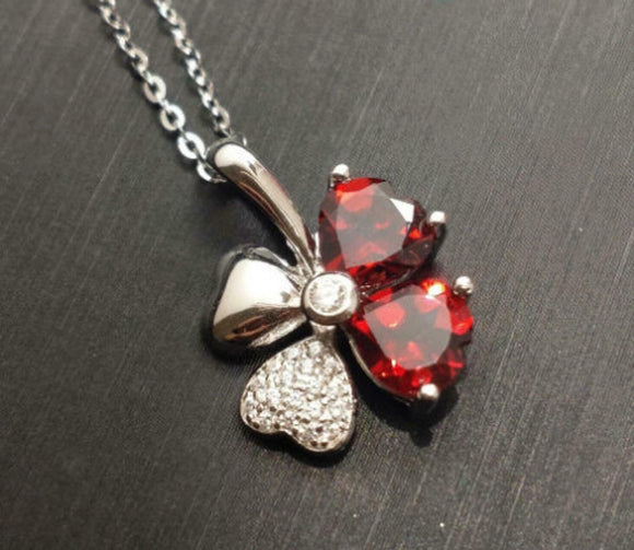 2.2ct Red Garnet Pendant with Chain Heart Cut Clover Leaf 14k White Gold Finish