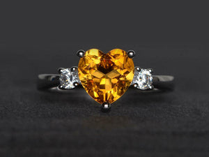 1.4ct Engagement Ring Heart Cut Yellow Citrine Three Stone 14k White Gold Finish