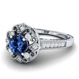 2ct Round Blue Sapphire Engagement Ring 14k White Gold Finish Milgrain Art Deco