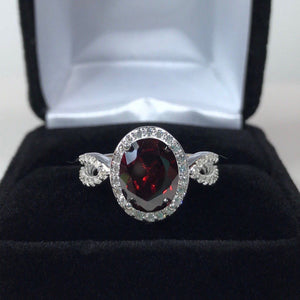 2ct Oval Cut Red Garnet Halo Split Band Engagement Ring 14k White Gold Finish