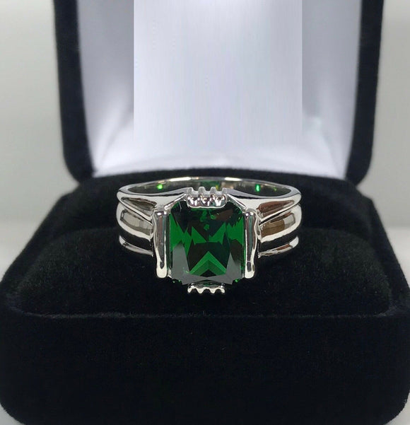 1ct Green Emerald Wide Solitaire Women Engagement Ring 14k White Gold Finish