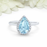 3ct Pear Aquamarine Engagement Ring Diamond Halo Minimalist 14k WhiteGold Finish