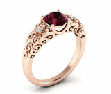 1.6ct Round Cut Red Garnet Floral Filigree Solitaire Ring 14k Rose Gold Finish