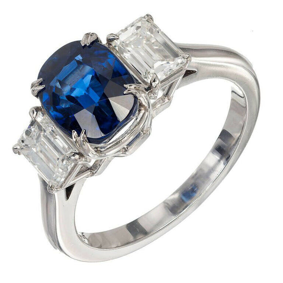 3ct Cushion Blue Sapphire Diamond Trilogy Engagement Ring 14k White Gold Over