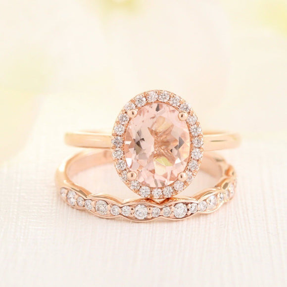 1.3ct Oval Cut Peach Morganite Bridal Set Engagement Ring 14k Rose Gold Finish