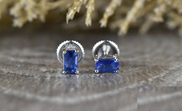 0.6ct Emerald Cut Blue Sapphire Screw Back Stud Earrings 14k White Gold Finish