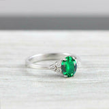 1ct Oval Green Emerald Round Diamond Accents Engagement Ring 14k White Gold Over