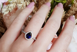 1ct Pear Cut Blue Sapphire Engagement Ring 14k White Gold Finish Halo Teardrop