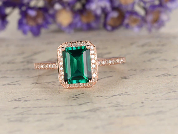 1.3ct Green Emerald Cut Diamond Accents Halo Engagement Ring 14k RoseGold Finish