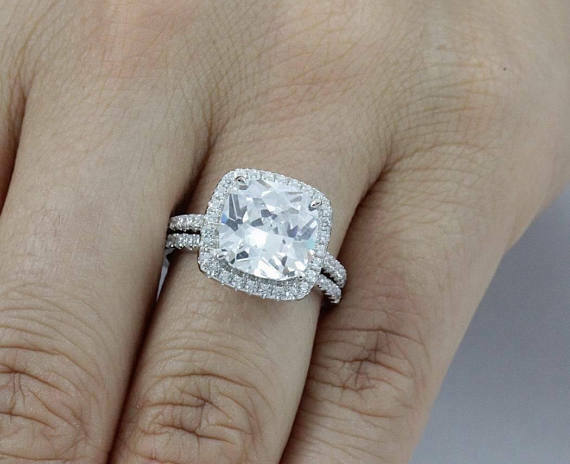 5Ct Cushion Cut Diamond Bridal Set Halo Round Accent Ring 14K White Gold Finish