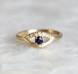 0.7ct Round Cut Blue Sapphire Engagement Ring 14k Yellow Gold Finish Devil Eye