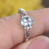 2ct Oval Cut Blue Aquamarine Solitaire Filigree Accent Ring 14k WhiteGold Finish