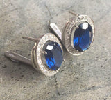 2ct Stud Earrings Oval Cut Blue Sapphire Diamond Halo Design 14k White Gold Over