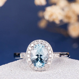 1.8ct Oval Cut Blue Aquamarine Diamond Halo Solitaire Ring 14k White Gold Finish