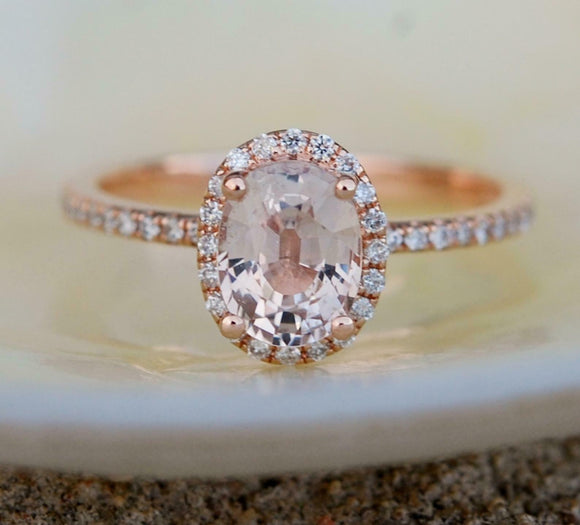 2.4ct Engagement Ring Oval Cut Peach Morganite Diamond Halo 14k Rose Gold Finish