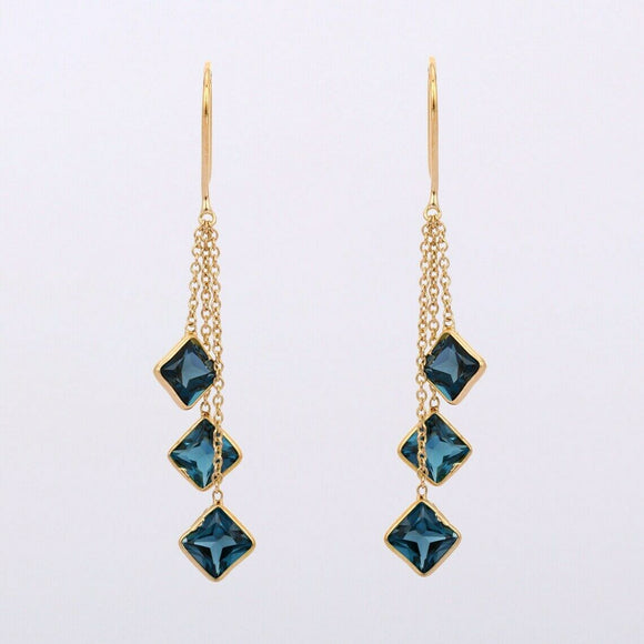 2ct Drop Earrings Cushion London Blue Topaz Dangling Chain 14k Yellow Gold Over