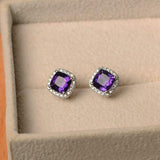 1ct Stud Earrings Round Cut Purple Amethyst Diamond Halo 14k White Gold Finish