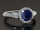 3ct Round Blue Sapphire Milgrain Accent Diamond Halo Ring 14k White Gold Finish