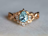 2ct Engagement Ring Pear Cut Blue Aquamarine Leaves Accent 14k YellowGold Finish