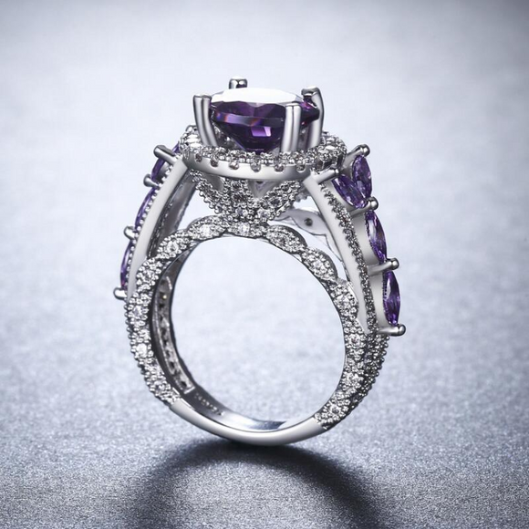 3Ct Round Cut Purple Amethyst Halo Art Deco Engagement Ring 18K White Gold Over