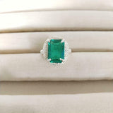 2.4ct Engagement Ring Green Emerald Cut Dotted Ball Halo 14k White Gold Finish