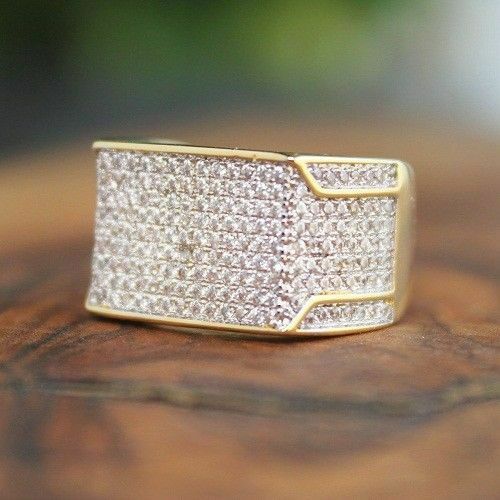 6ct Round Diamond Square Iced Cluster Men Engagement Ring 14k Yellow Gold Finish