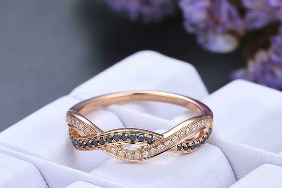 1.1ct Round Cut Black White Diamond Wedding Band Infinity 14k Rose Gold Finish