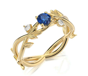 1ct Round Cut Blue Sapphire Leaf Solitaire Engagement Ring 14k YellowGold Finish