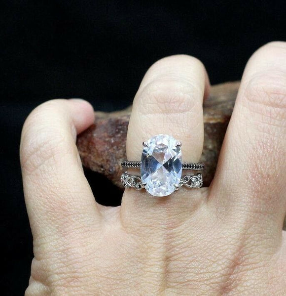 2ct Oval Diamond Engagement Ring Filigree Milgrain Bridal Set 14k WhiteGold Over