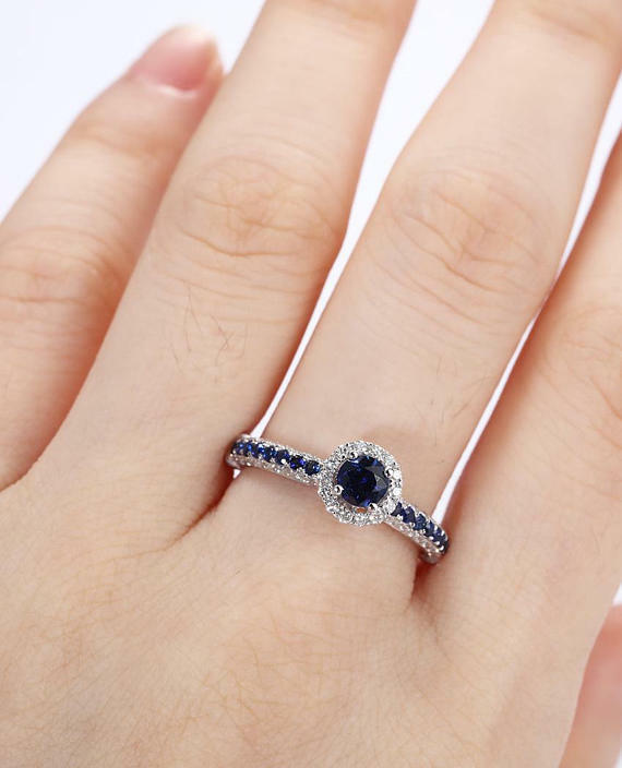 1.6ct Round Cut Blue Sapphire Engagement Ring 14k White Gold Over Halo Solitaire