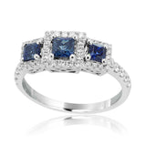 2ct Princess Cut Blue Sapphire Engagement Ring Trilogy Halo 14k WhiteGold Finish