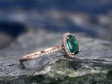 1.1Ct Oval Cut Green Emerald Solitaire Halo Engagement Ring 14K Rose Gold Finish