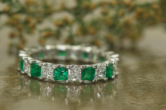 4Ct Princess Cut Green Emerald Diamond Wedding Eternity Band 14K White Gold Over