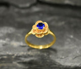 1ct Engagement Ring Round Cut Blue Sapphire Flower Solitaire 14k YellowGold Over