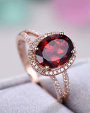 4Ct Oval Cut Red Garnet Split Shank Halo Engagement Ring 14K Rose Gold Finish