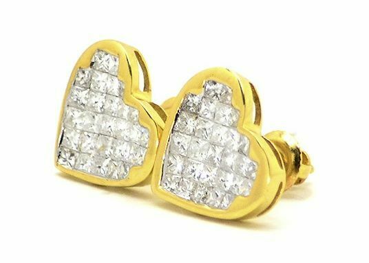 0.88ct Princess Cut Diamond Heart Cluster Stud Earrings 14k Yellow Gold Finish