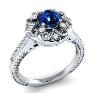 2ct Round Blue Sapphire Engagement Ring 14k White Gold Finish Milgrain Art Deco