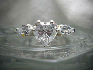 Pear Accents Trilogy Engagement Ring 2ct Heart Cut Diamond 14k White Gold Finish