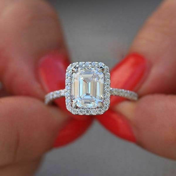 3Ct Emerald Cut Diamond Halo Engagement Ring 14K White Gold Finish Round Accents