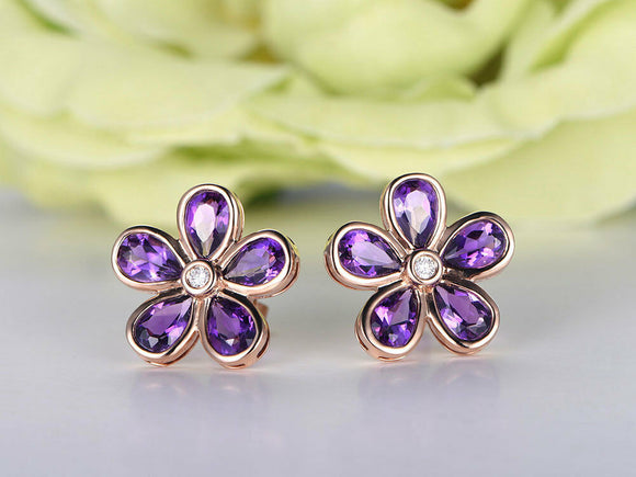 1ct PearCut Purple Amethyst Royal Floral Stud Earring Women 14k Rose Gold Finish