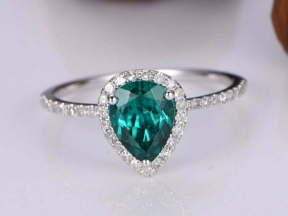 1.5ct Pear Cut Green Emerald Engagement Ring Diamond Halo 14k White Gold Finish